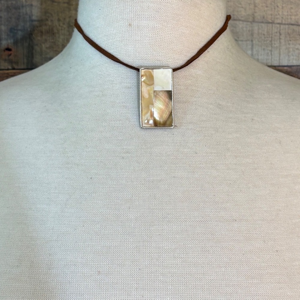 Lia Sophia Mother of Pearl Geometric Rectangle Pendant Brown Cord Necklace